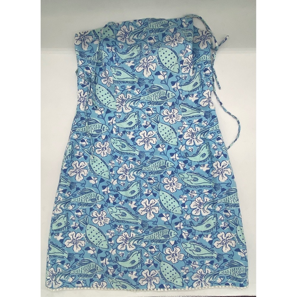 Rare Lilly Pulitzer Blue Fish Floral Print Cotton Shift Dress Tie Straps Size 6